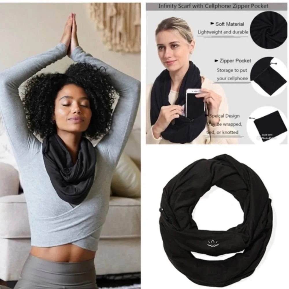 🌺 Beyond Yoga Hidden Pocket Black Lightweight Soft  Infinity Scarf